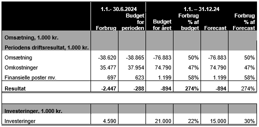 Tabel med periodens driftsresultat og investeringer